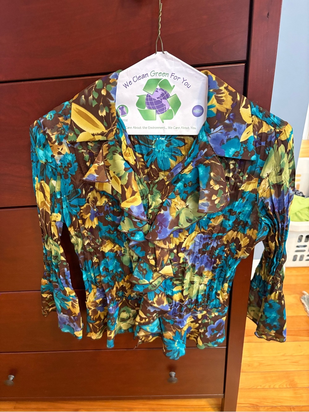 Floral Ruffle V-Neck Women's Blouse in Teal & Brown